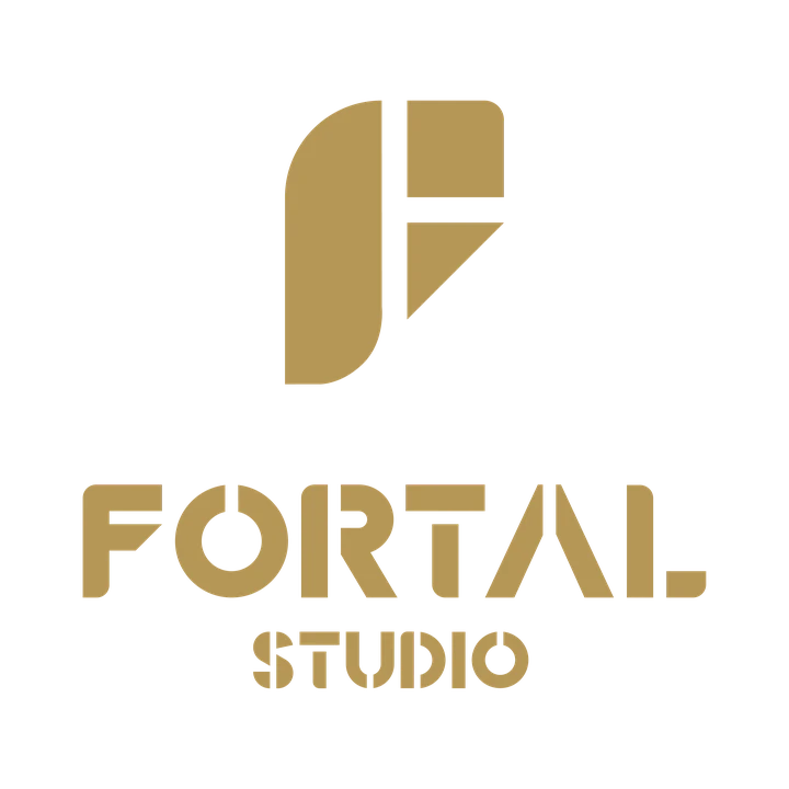 Fortal Studio logo, stacked, stencil, gold