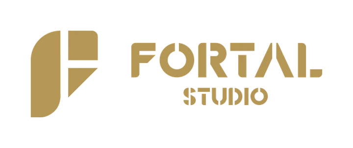 Fortal Studio logo, horizontal, stencil, gold